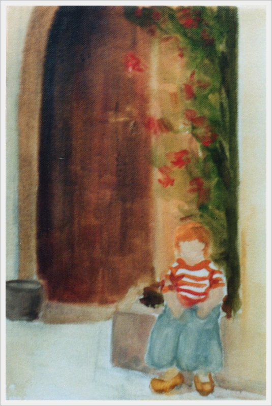 Bimba seduta, vicino al roseto - olio - 24x30 cm