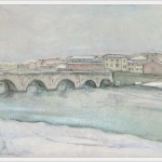 Nevicata al ponte - olio, carboncino - 50x100cm